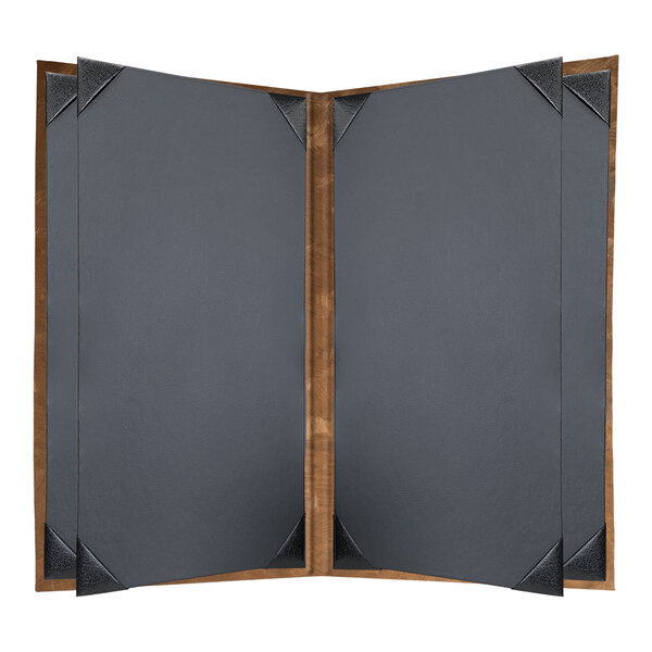A grey rectangular menu cover with a brown border and black and brown pages.