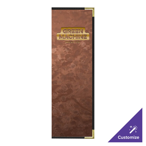 A brown rectangular H. Risch, Inc. menu cover with a metallic border and customizable inserts.
