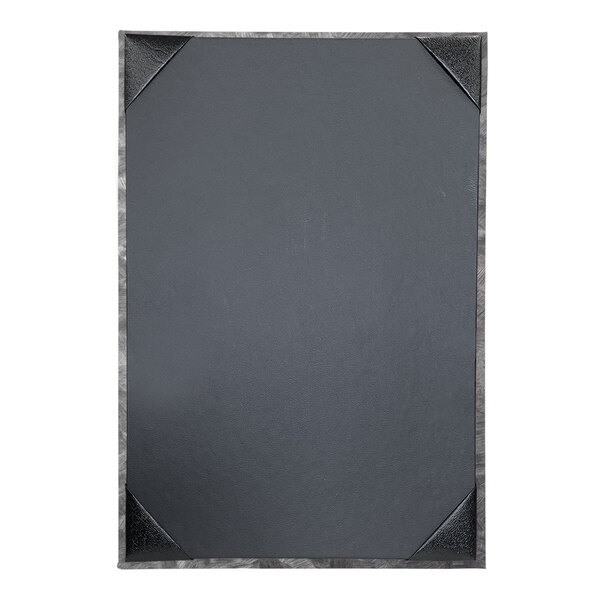 A black rectangular menu cover with a white border.