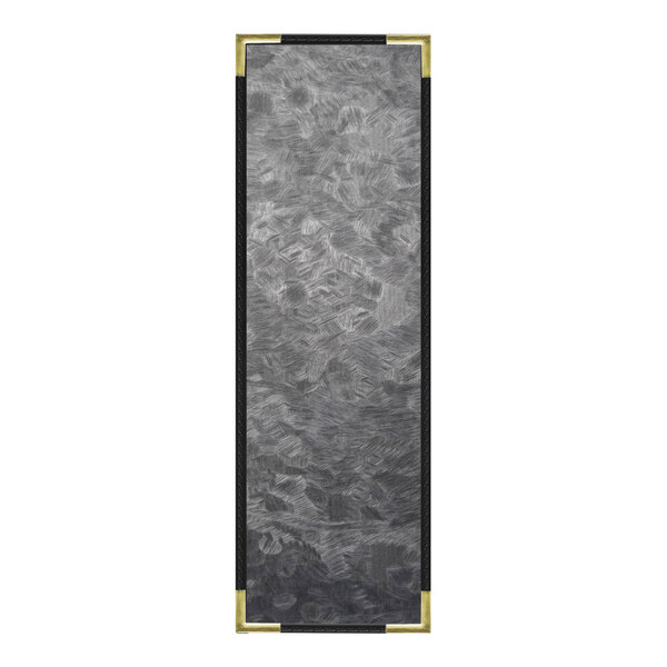 A rectangular steel menu cover with a brushed metallic finish and customizable view.