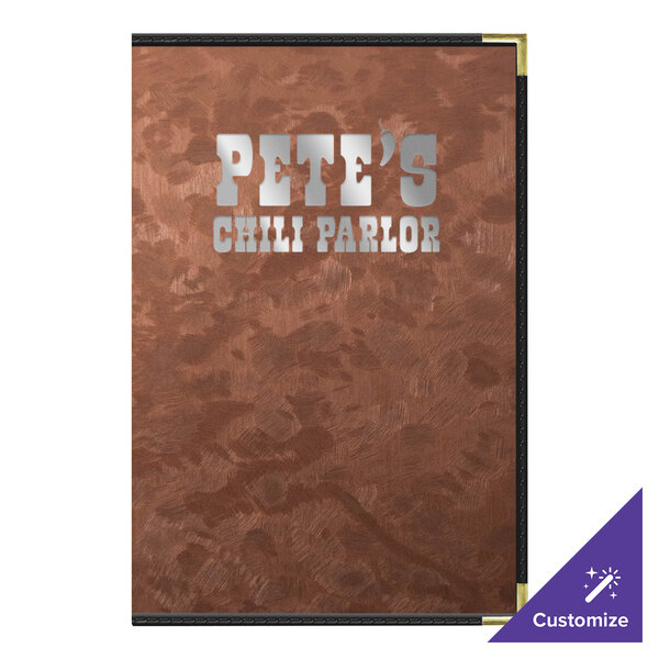 A bronze metallic menu cover with ten customizable views.