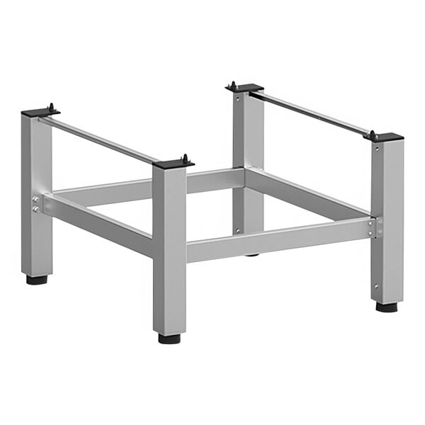 A silver metal Unox low positioning stand with black legs.