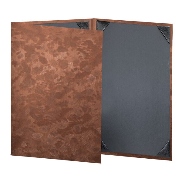 A bronze brushed metallic menu cover with black corners.