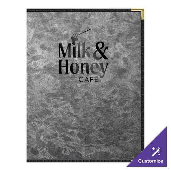 A H. Risch, Inc. brushed metallic steel menu cover with customizable text on it.