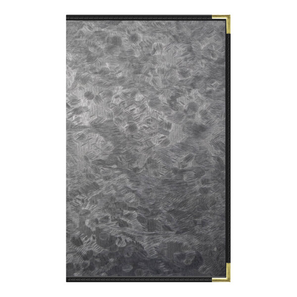 A customizable steel menu cover with a brushed metallic finish.