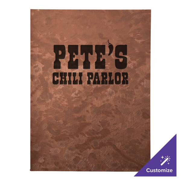 A bronze metallic menu cover with four views on a table with a brown sign reading "Pete's Chili Parlor"