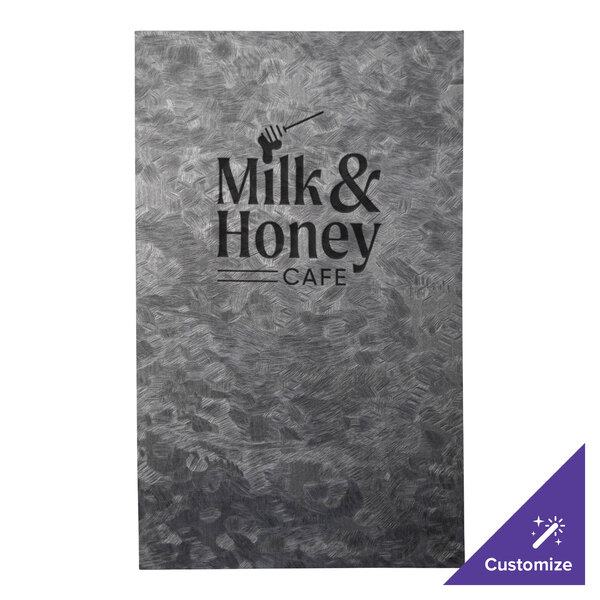 A close up of a customizable steel menu cover with 6 views.