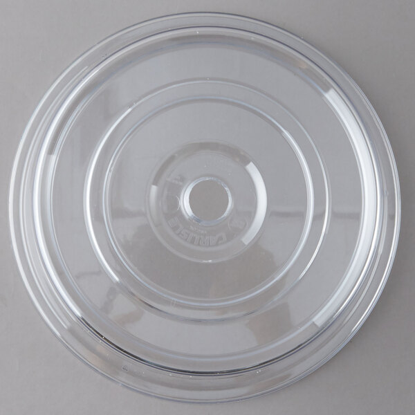 A Carlisle clear polycarbonate plate cover with a circular rim.