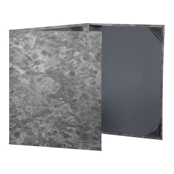 A grey rectangular menu cover with a white border.