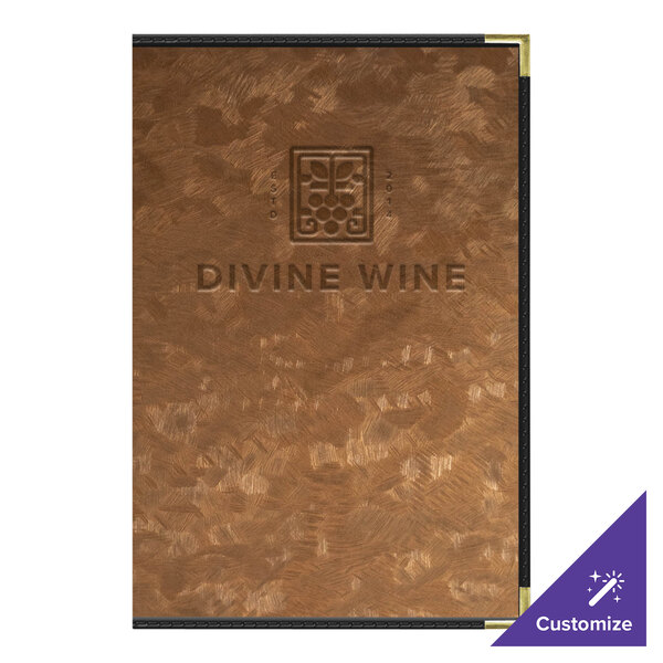 A brown brushed metallic menu cover with a logo.