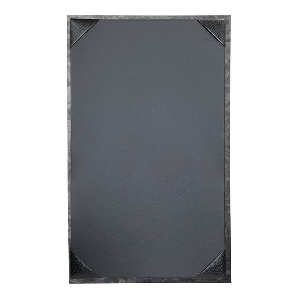 A steel brushed metallic menu cover with a customizable rectangular view.