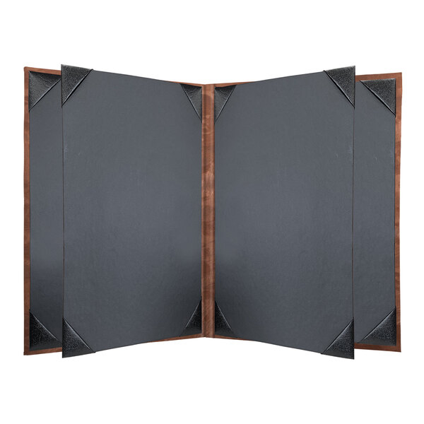 A bronze metallic menu cover with a brown wooden frame.