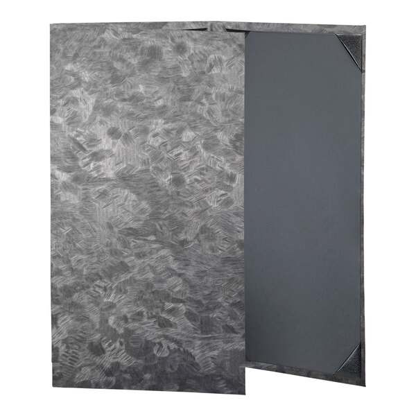 A grey steel menu cover with a black border.
