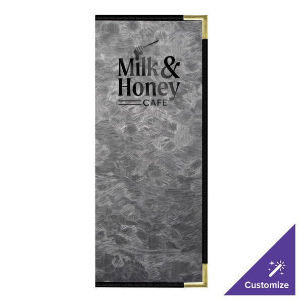 A steel menu cover with 10 customizable views on a table in a bar.