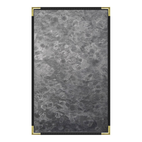 A rectangular steel menu cover with a brushed metallic finish.