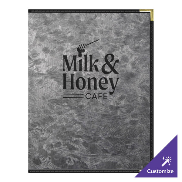 A H. Risch, Inc. metallic steel menu cover on a table with a black and white menu inside.