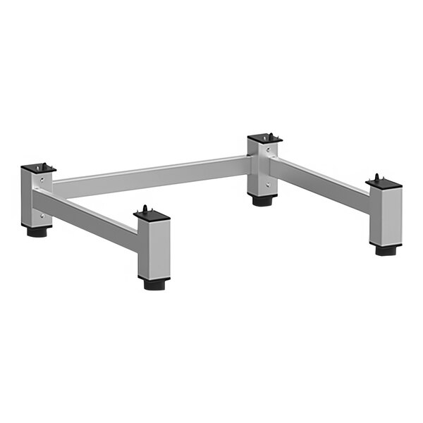 A silver and black metal Unox floor positioning stand with two legs and two feet.