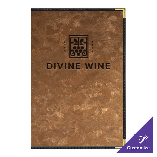 A brown brushed metallic menu cover with the words "Divine Wine" on it.
