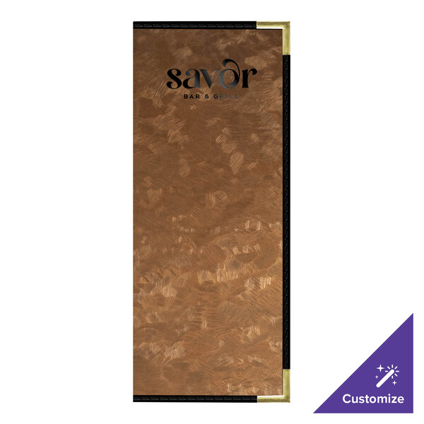 A brown rectangular menu cover with black edges.
