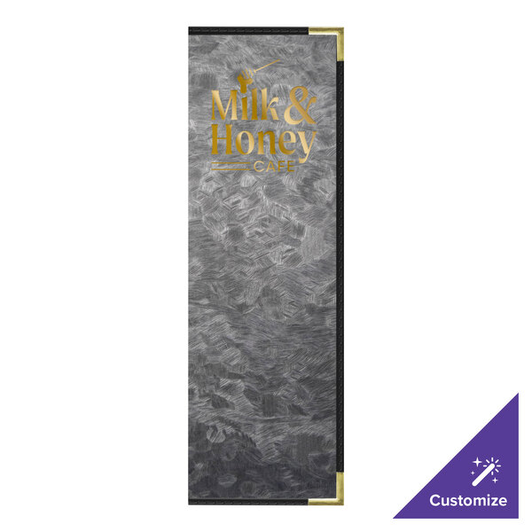 A H. Risch, Inc. brushed metallic steel menu cover with gold text on it.