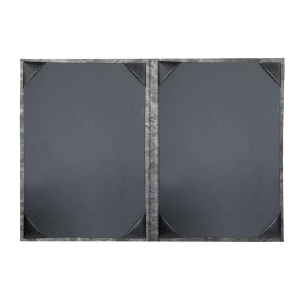 A close up of a H. Risch, Inc. brushed metallic steel menu cover with a black border.