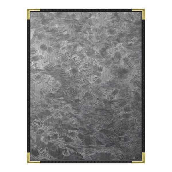 A steel menu cover with a gold corner plate.