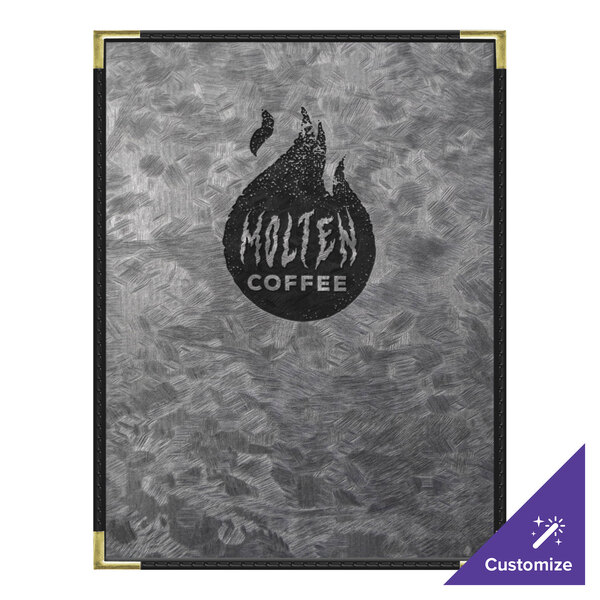 A silver and black H. Risch, Inc. metallic menu cover on a table.