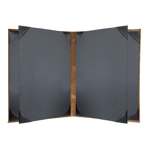 A black and brown rectangular H. Risch, Inc. menu cover with black corners.