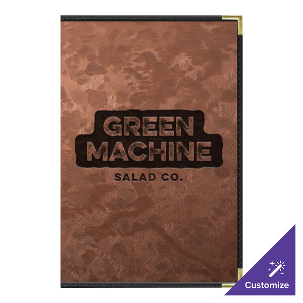 A bronze metallic menu cover with 8 views on a table with a brown and black sign.