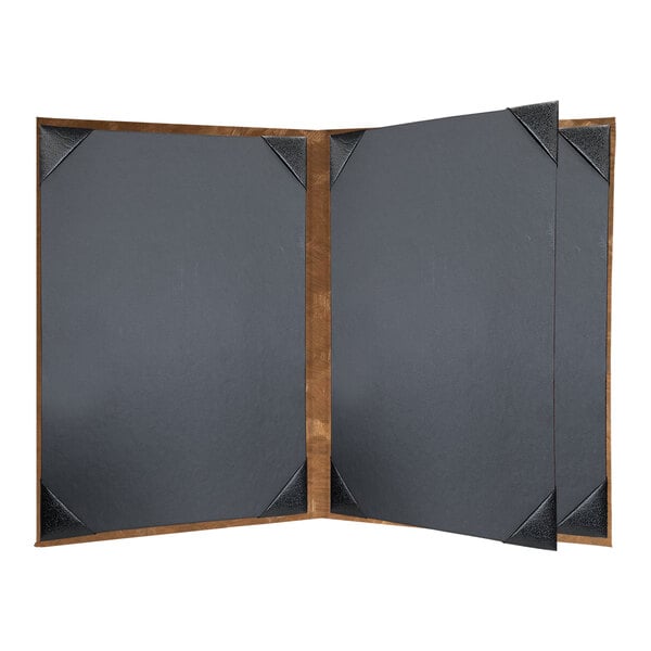 A black and brown menu cover with wooden corners.