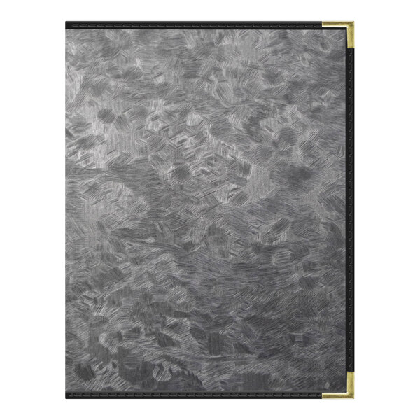 A brushed metallic steel menu cover with a black border.
