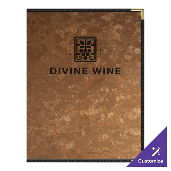A brown brushed metallic menu cover with black text on it.