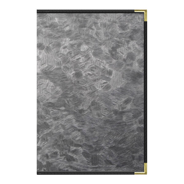 A brushed metallic steel menu cover with a customizable pocket.