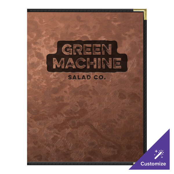 A bronze brushed metallic menu cover with 6 views.