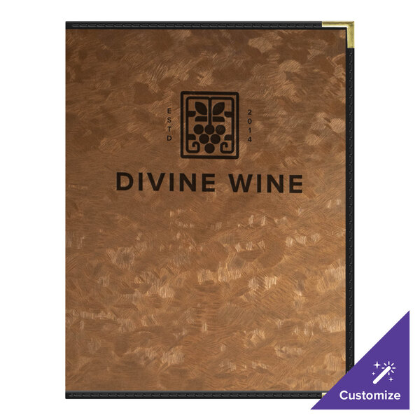 A brown metallic menu cover with black text on a table in a fine dining restaurant.