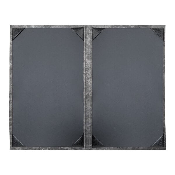 A grey rectangular menu cover with a black border and two metal panels.