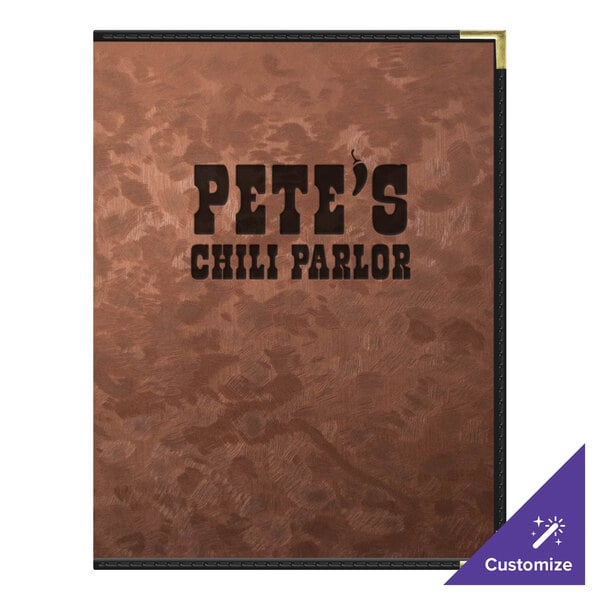 A bronze metallic menu cover with the words "Pete's Chippy Parlor" in black.