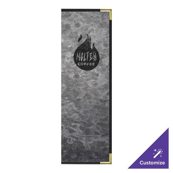 A brushed metallic steel menu cover with a rectangular sign and a logo.
