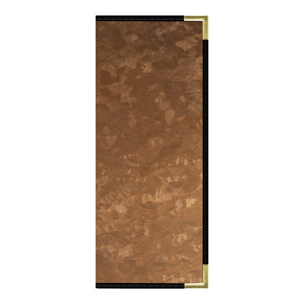 A brown rectangular menu cover with a brushed metallic gold trim and customizable inserts.