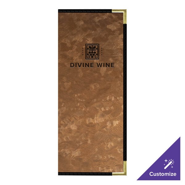 A brown rectangular menu cover with brushed metallic gold and black trim.