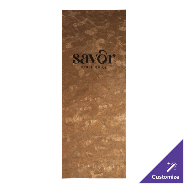 A brown rectangular menu cover with customizable black text on it.