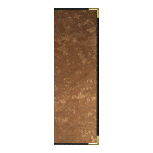 A brown and black rectangular menu cover with a brushed metallic gold trim.