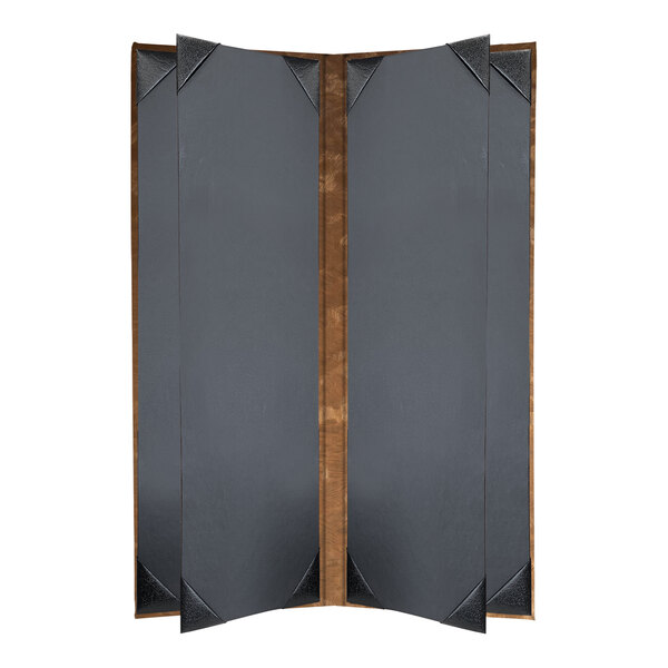A H. Risch, Inc. fools gold metallic menu cover on a wooden table.