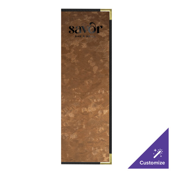 A brown rectangular H. Risch, Inc. menu cover with black text on it.