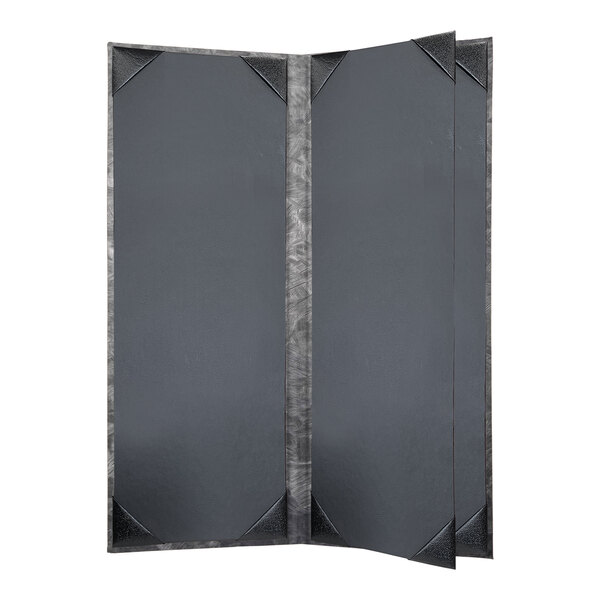 A grey rectangular menu cover with a white border and black corners.