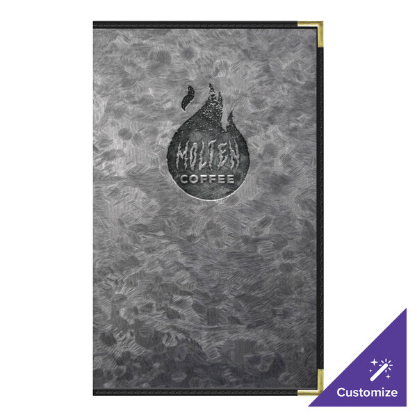 A black and brushed metallic steel menu cover with a logo on it.