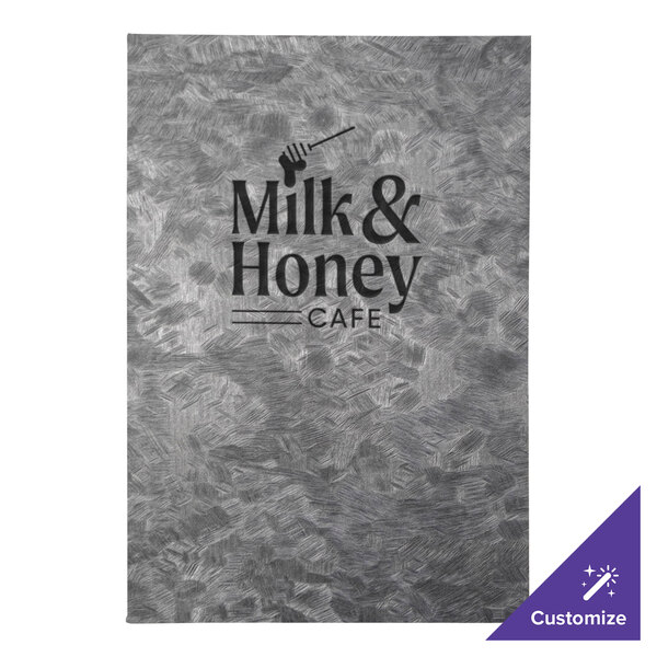 A H. Risch, Inc. steel brushed metallic menu cover with six customizable views on a table in a café.
