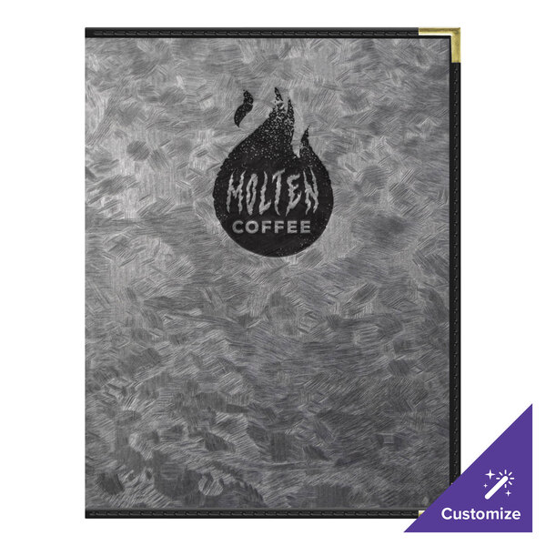 A brushed metallic steel H. Risch, Inc. menu cover with a customizable 6 view display.