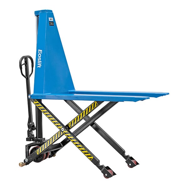 A blue and black Eoslift manual scissor lift pallet truck.