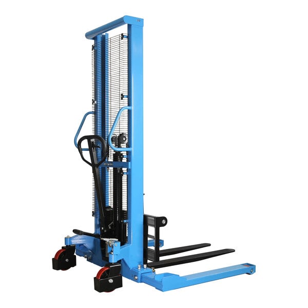 A blue and black Eoslift steel straddle fork stacker.